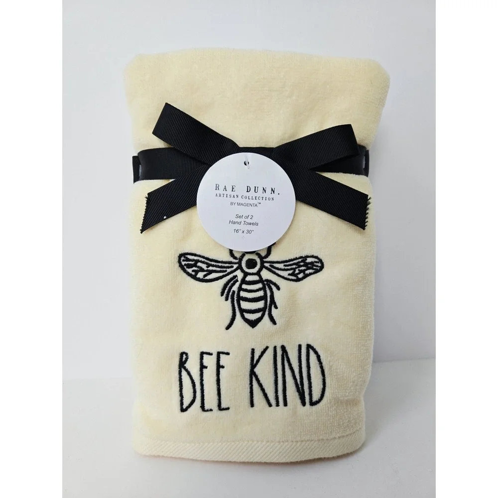 Rae Dunn bathroom hand towel bath bee yellow NEW set of 2 16x30
